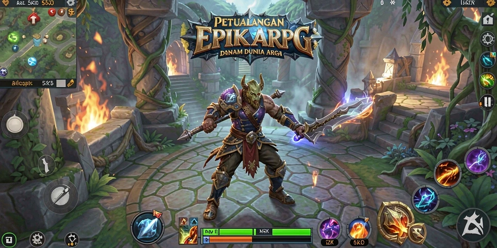 Screenshot gameplay 5ZK menampilkan pertarungan epik di dunia fantasi.