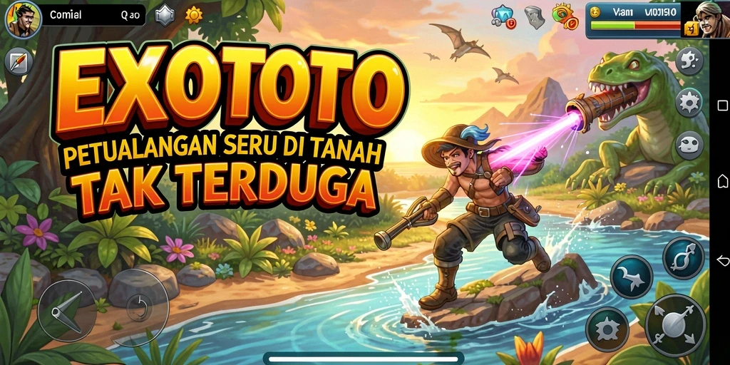 Screenshot gameplay EXOTOTO yang menampilkan petualangan seru dan pemandangan fantastis.
