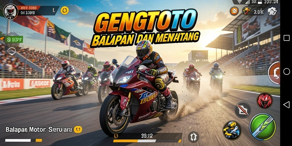 Screenshot gameplay GENGTOTO menampilkan balapan motor yang intens dan mendebarkan.