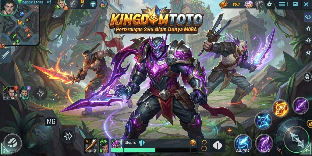 Tangkapan layar utama KINGDOMTOTO dengan aksi pertarungan MOBA yang intens.