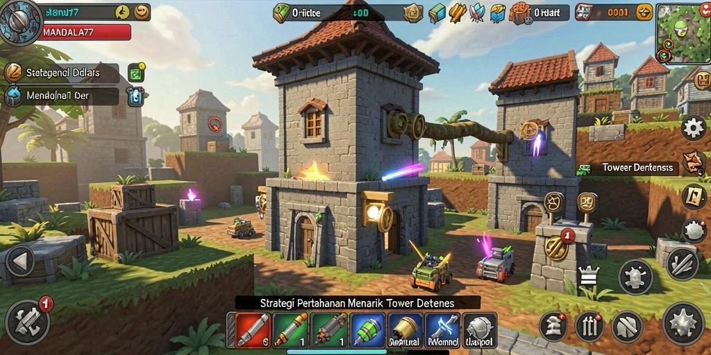 Tampilan seru dari gameplay Tower Defense di MANDALA77.