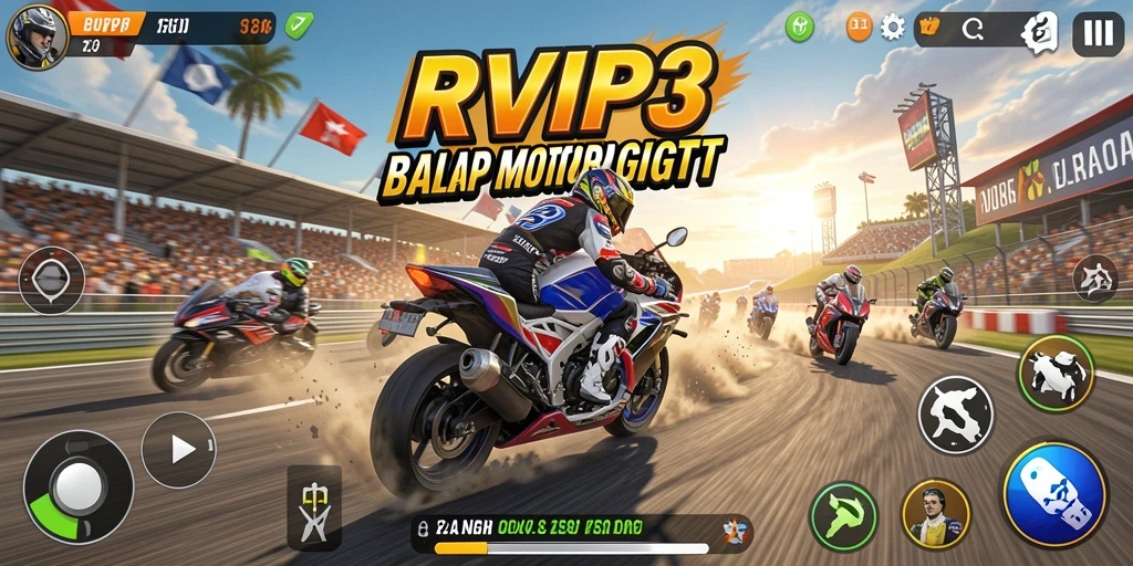 Tangkapan layar gameplay RVIP3 yang menampilkan aksi balap motor menegangkan.