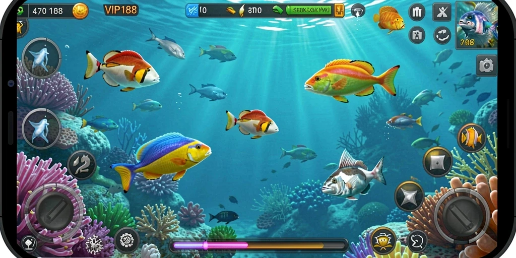 Tampilan gameplay seru dengan aksi tembak ikan yang mendebarkan.
